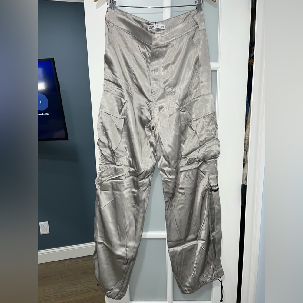 Zara silver satin cargo pants